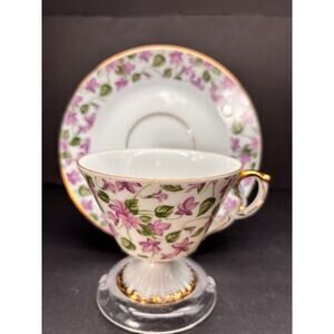 Vintage Footed Teacup and Saucer Chintz, Violet Floral w/Gold Made in Japan
